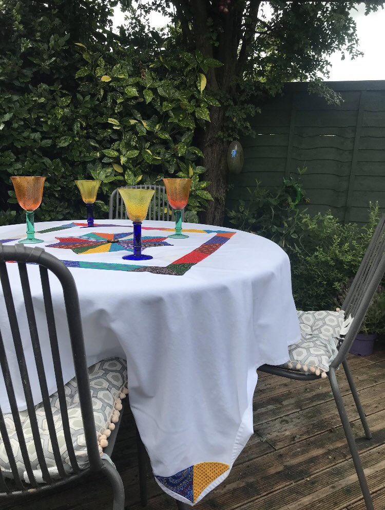 cottonsox9's tweet photo. One happy customer showcasing her bespoke Shweshwe table cloth order! It looks fab Michelle, thank you for putting your faith in me. I hope you enjoy it for many years to come xx #bespokeorder #shweshwecreation #summerfun https://t.co/Cpkf4TU9T7