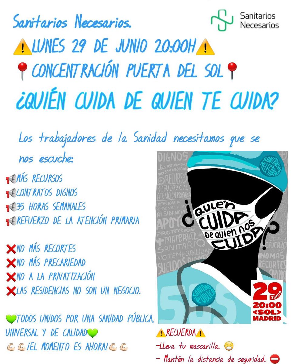 snhusureste's tweet image. #SolSanitario
#SanitariosNecesarios
El 2️⃣9️⃣ Junio estaremos a las 20h. en ☀️ 
❌No + recortes
❌No + privatizaciones  
❌No + derivaciones
❌No + camas cerradas
❌Acabar con las listas de espera
📢Recuperación de la jornada 35h. semanales 
📢Bolsas de empleo para todas categorías