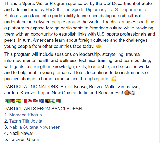 deshiballers's tweet photo. We r so proud to announce that 5 of our #DeshiBallers have been selected by the @StateDept to participate in the Youth Sports &amp; Women's Empowerment Program 2020!
We thank @usembassydhaka &amp; @fhi360 for this wonderful opportunity🇺🇸
#thecourtneedsher #choosetomatter #sportsdiplimacy https://t.co/Ug43CNQR9O