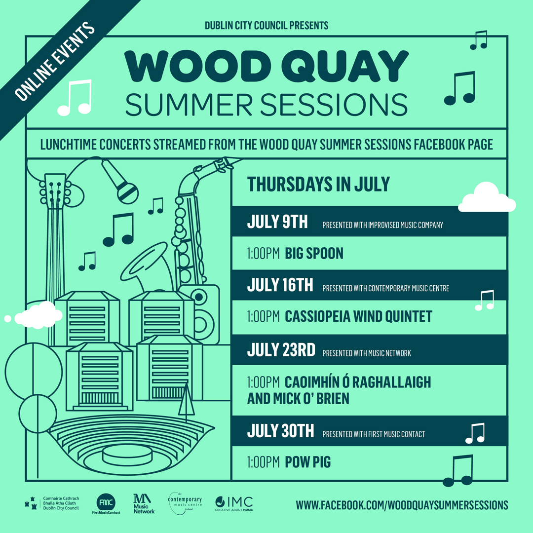 MusNetIrl's tweet photo. Summer is looking great with Wood Quay Summer Sessions happening in July! 

Tune into the @WoodQuaySession Facebook page every Thursday, 9 – 30 July, at 1pm for special online lunchtime performances bringing a wide range of fantastic music to your home #WQSS https://t.co/shri6TaKeD