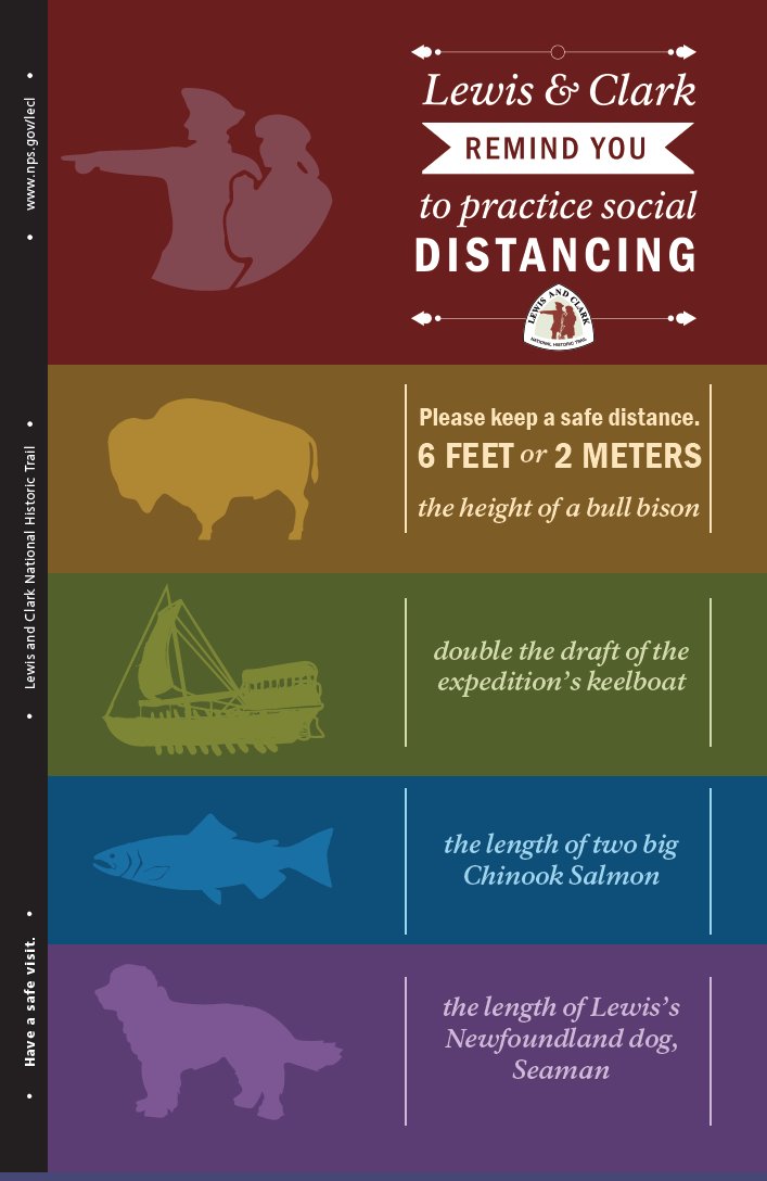 Image: Poster depicting a silhouette of Lewis and Clark standing together, a bison, a keelboat, a salmon, and a Newfoundland dog. Lewis and Clark remind you to practice social distancing. Please keep a safe distance. 6 feet or 2 meters. The height of a bull bison. Double the draft of the expedition's keelboat. The length of two big Chinook salmon. The length of Lewis's Newfoundland dog, Seaman. Have a safe visit. Lewis and Clark National Historic Trail. www.nps.gov/lecl 