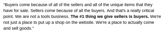 3/ Here’s Etsy’s approach defined even more crisply via CEO at 2019 Investor Day: “The #1 thing we give sellers is buyers.”
