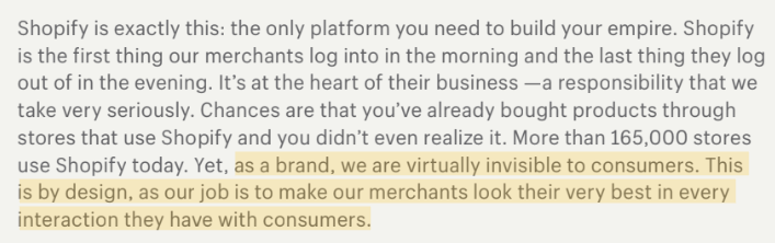 6/ And one more on Shopify: “as a brand, we are virtually invisible to consumers. This is by design, as our job is to make our merchants look their very best in every interaction they have with consumers.”  https://s23.q4cdn.com/550512644/files/doc_financials/2019/2019-Year-In-Review.pdf
