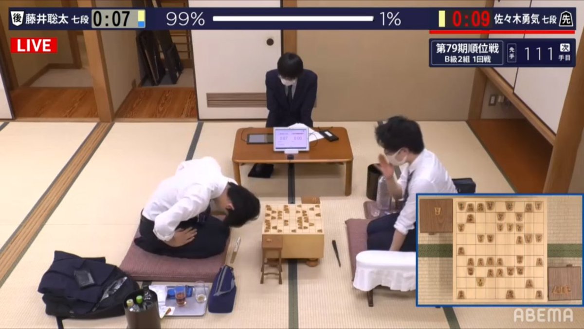 肝属兵衛 On Twitter 110手3七桂打 14手詰め までで佐々木七段が投了 藤井七段が勝利 因縁の佐々木七段を下して 藤井七段 今季順位戦も白星スタートです 解説 近藤誠也 七段 青嶋未来 六段 第79期 順位戦 B級2組 第1回戦 佐々木勇気 七段 対 藤井聡太 七段