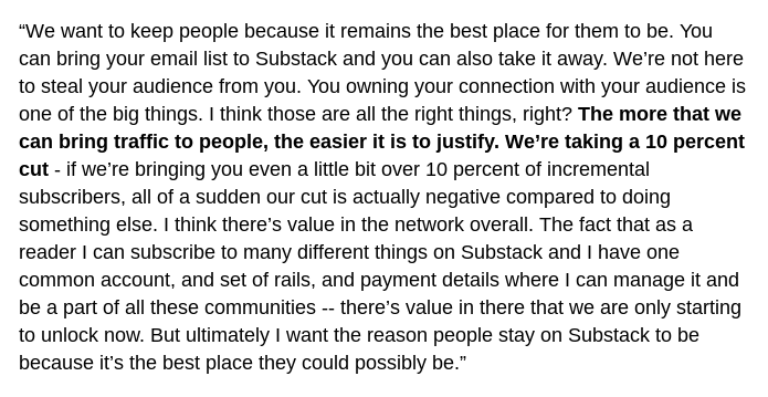 9/ Because ultimately for Substack to justify a 10 percent take rate they need to be bringing demand to their supply side.  https://podcasts.apple.com/us/podcast/village-globals-venture-stories/id1316769266?i=1000476792047