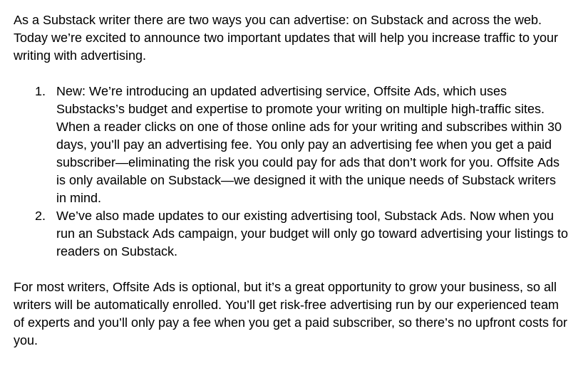 10/ I think there are elements of both approaches that Substack can study and apply to their own business. Etsy’s Offsite Ads product ( https://www.etsy.com/seller-handbook/article/introducing-etsys-risk-free-advertising/729663416588) is one potential product to look at. For example, here’s text from Etsy that I lightly edited to apply to Substack.