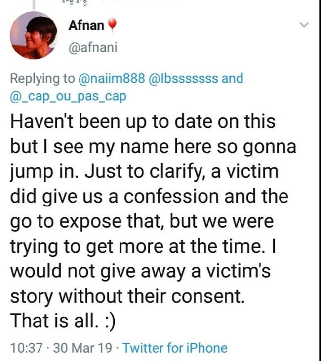 It can also be seen here that Afnan Latheef expresses that she has consent from the survivor to report this, but is waiting to collect more stories;9/x