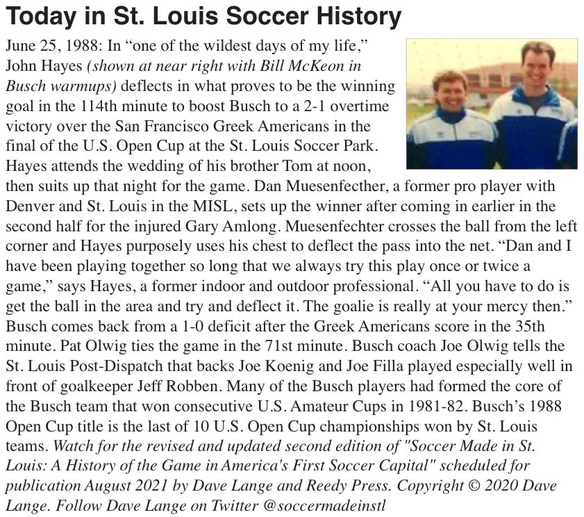 privatejenn26's tweet photo. (This fixes a caption error in earlier post.) Today in St. Louis soccer history: June 25, 1988 — John Hayes scores what proves to be the winning goal in the 114th minute in Busch's 2-1 overtime victory in the final of the U.S. Open Cup at the St. Louis Soccer Park. https://t.co/nm0UxnKEmv