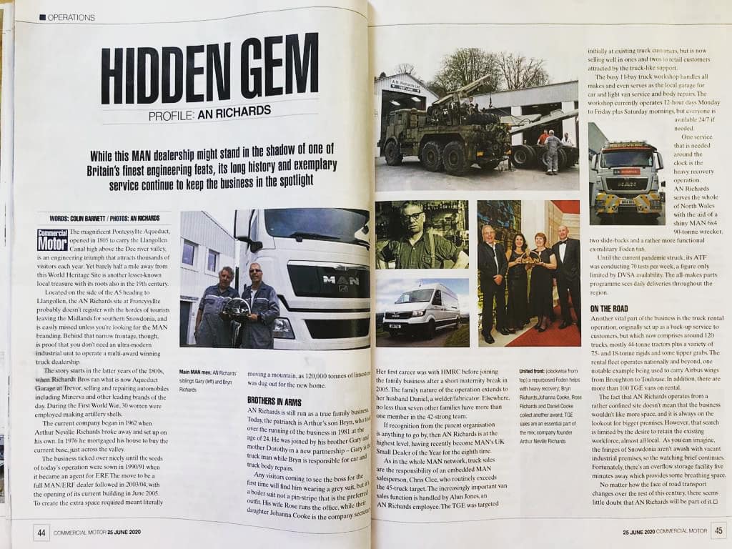 ANRICHARDSLTD's tweet photo. Very proud of this fantastic article in this weeks @Comm_Motor get your copy today! #magazine #proud #familybusiness #anrichards #trucks #mantruckandbus #garage #serviceprovider #recovery #mottesting #truckhire #trucksales #vansales #northwales @mantruckbusuk @MANFSUK https://t.co/zB4vWS1fGm