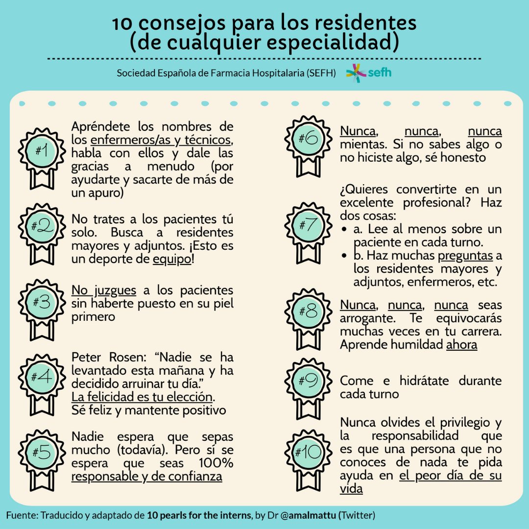 Consejos para residentes (de cualquier especialidad)...y muchos de ellos también para adjuntos, jefes de servicio, etc 😉 (traducción y adaptación de <a href="/amalmattu/">Amal Mattu</a>)

<a href="/SEMERGEN_MIR/">Residentes SEMERGEN</a> <a href="/SemesMir/">SEMESMIR</a> <a href="/ResidentesAEU/">RAEU - Spanish Urology Residents Working Group</a> <a href="/residentesSERAM/">Residentes SERAM</a> <a href="/resis_semFYC/">Residentes semFYC + S</a> <a href="/ResidentesSEMI/">Residentes y Jóvenes Internistas de la SEMI</a> <a href="/ResidentesArg/">Comunidad Residentes</a>