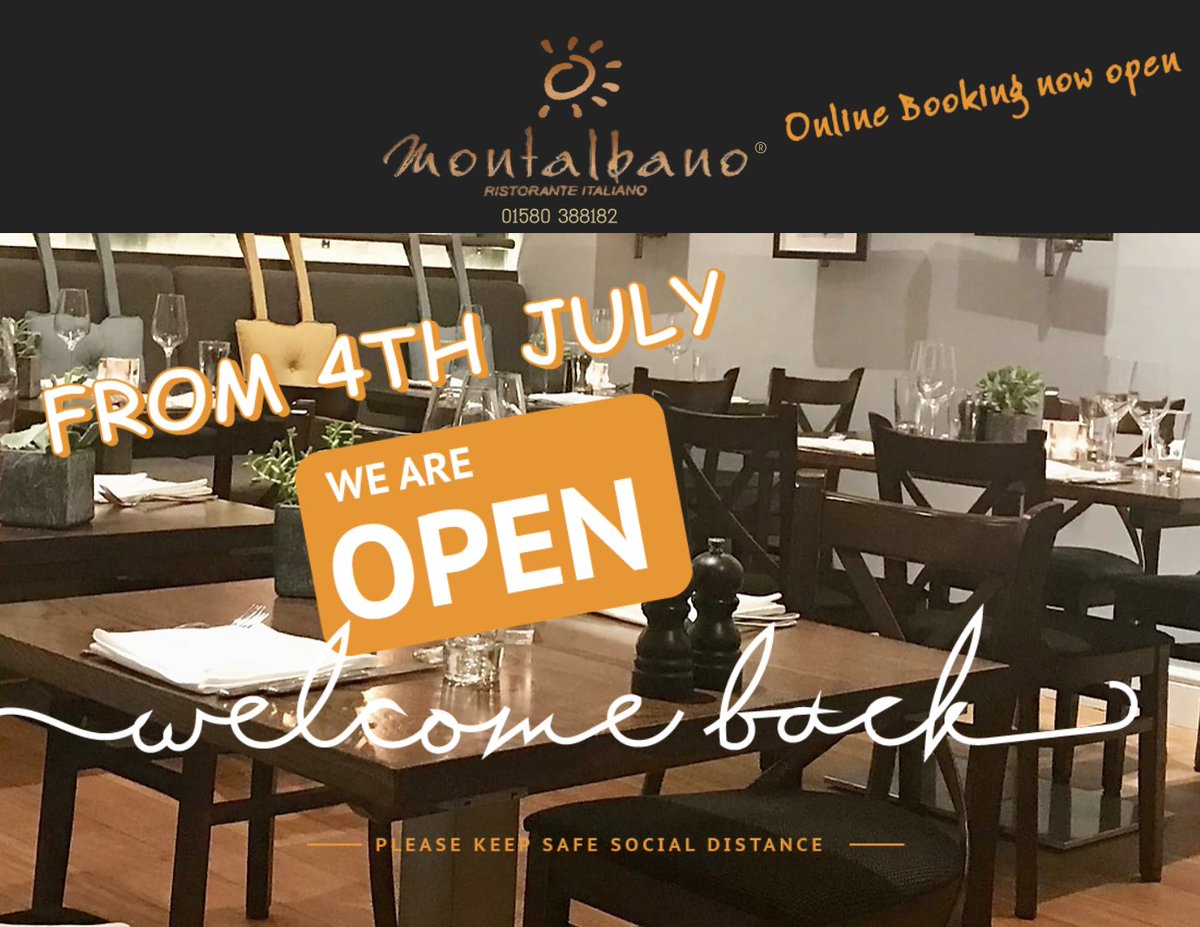 We're re-opening Sat 4th July!
Looking forward to welcoming lovely customers back to our restaurant &amp; refurbed terrace...
INSTANT Online booking now available! 
Reduced #s &amp; SD = tables booking fast so book at
montalbanorestaurant.co.uk 
Govt Guidelines set max party = 6 #Tenterden
