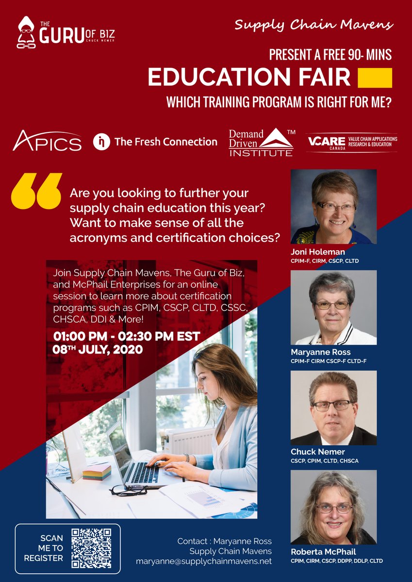 > Join Virtual Supply Chain Educational Fair 
> Drive your career path in Supply Chain domain

> Present A Free 90 minutes Education Fair
> Which training Program Is Right For Me?

08th July, 2020 | 01:00 PM - 02:30 PM EST

Register Now: events.r20.constantcontact.com/register/event…