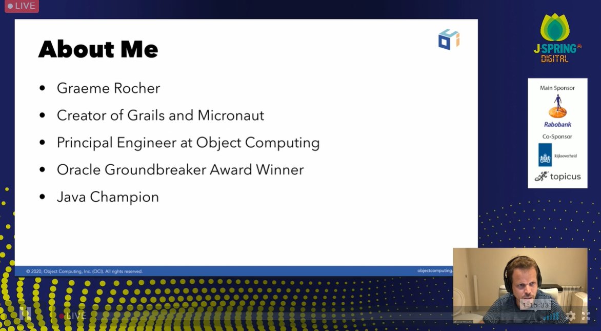 nljug's tweet photo. The creator of the Grails and Micronaut frameworks, Java Champion, Oracle Groundbreaker winner and much more! Come join the Micronaut Deep Dive livestream of #jspringdigital by @graemerocher ! https://t.co/gIsLQeCnAs https://t.co/wSDtG6xX0M