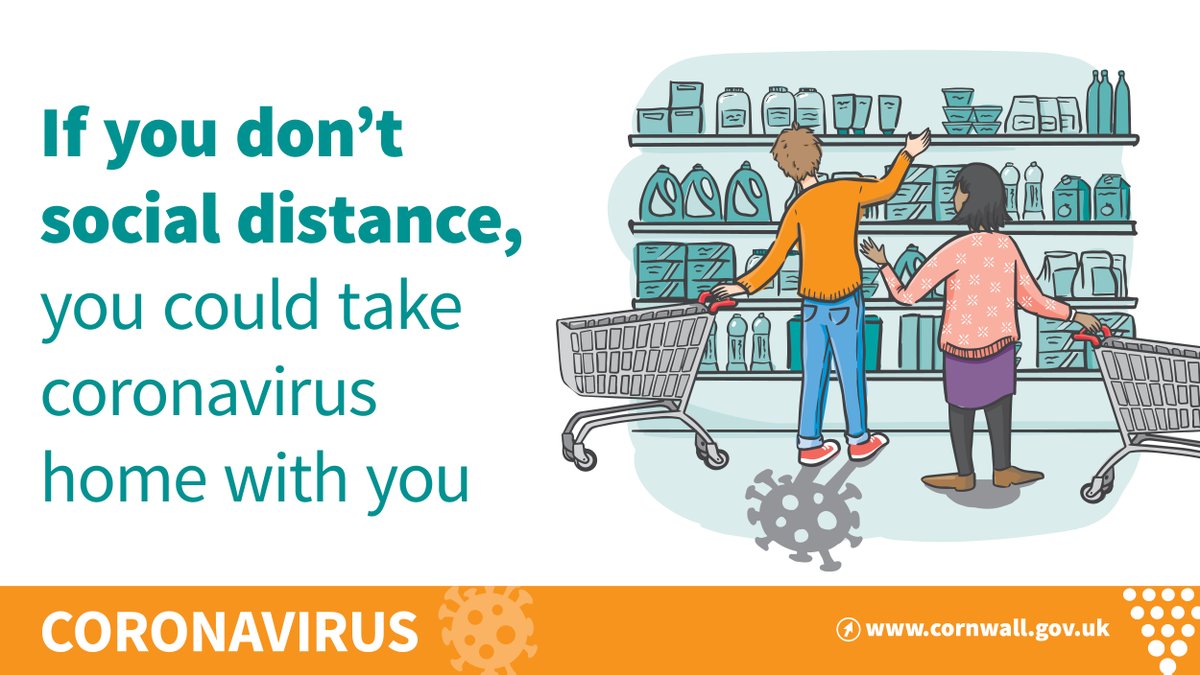 CornwallCouncil's tweet photo. If you are out shopping, please remember to practice social distancing and stay 2 metres apart from others at all times ⚠️2️⃣

If we all do this we can help to stop the spread of coronavirus 📉 https://t.co/XUI3R8eQeX