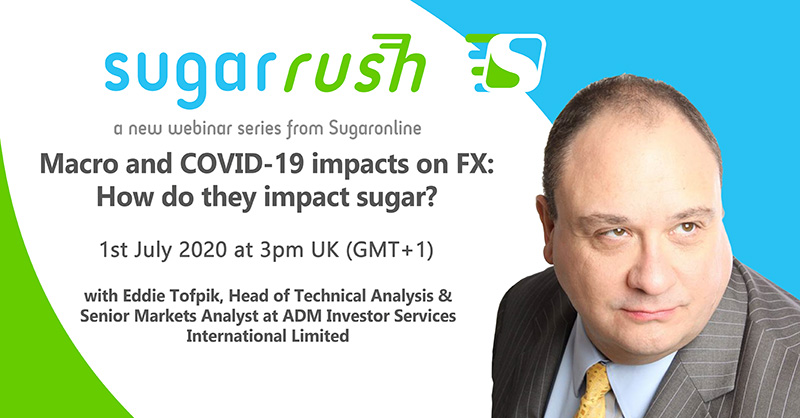 sugaronline's tweet photo. Ready for the next "Sugar Rush" webinar?
@EddieTofpik will be joining us 1st July @ 3pm UK to talk FX & sugar. Make sure to register & show up on time—they fill up fast! Register free: https://t.co/su8weuhjWa
#sugarrush #sugar #softcommodities #sugartraders #FX #markets #covid19 https://t.co/rogr1LAx9R
