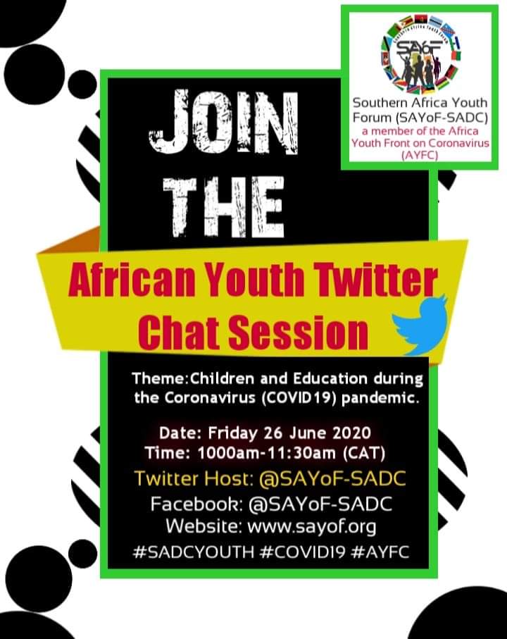 Join me as one of the panelists on @SAYoF_SADC Twitter chat representing #Zimbabwe . I am an African not because I was born in Africa but Africa was born in me: Kwame Nkurumah @RonaldMagomo_ @YPEZim @Abbey263 @sylvaarmel #COVID19 #SADCYOUTH #iamanafrican #ZimbabweMustRise