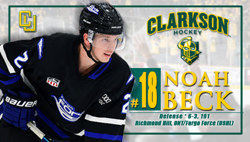 ClarksonMHockey's tweet photo. The Golden Knights welcome defenseman Noah Beck!
@FargoForce 
#LetsGoTech! https://t.co/fI3iQ2Q9Kw