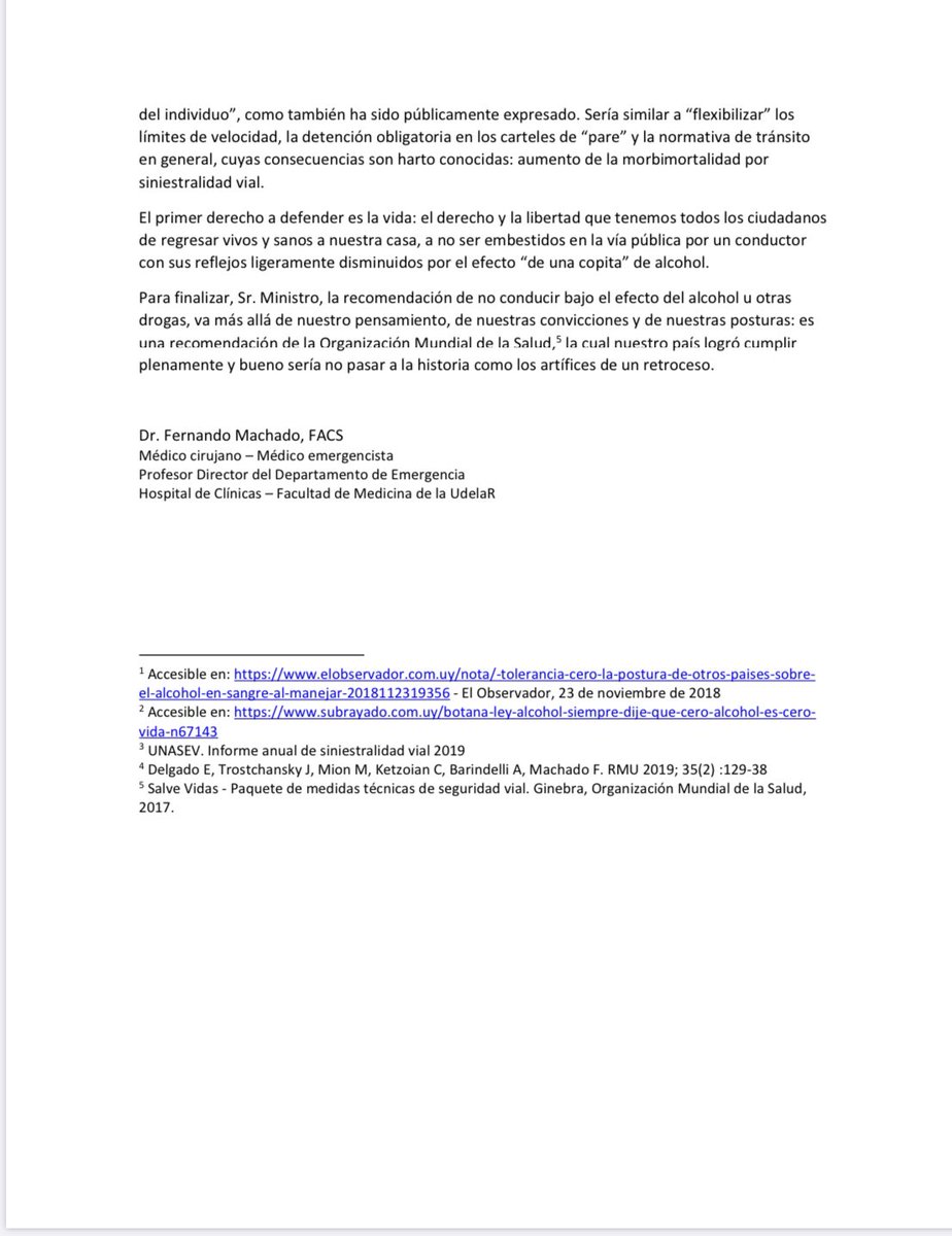 Brillante carta pública del Prof. del Departamento de Energencia del Hospital de Clinicas en referencia a los dichos del ministro Uriarte sobre la ley de 0 alcohol en el tránsito