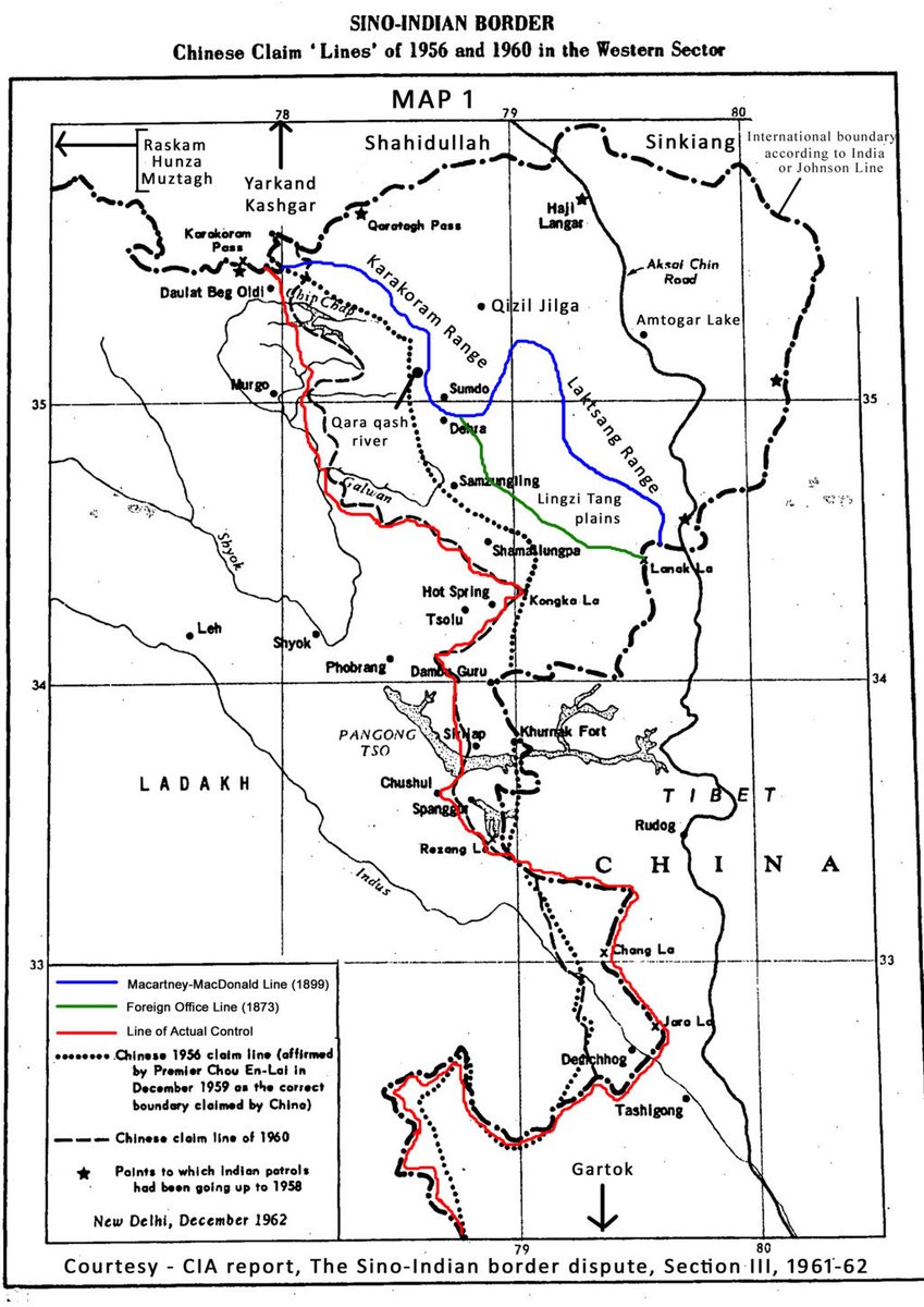 Addendum to my thread about maps of the Galwan Valley. This map, which draws the LAC on the CIA's 1964 map, shows the LAC extending to the Shyok. Source:  http://new.resurgentindia.org/the-history-of-sino-indian-relations-and-the-border-dispute-between-the-two-countries-6/