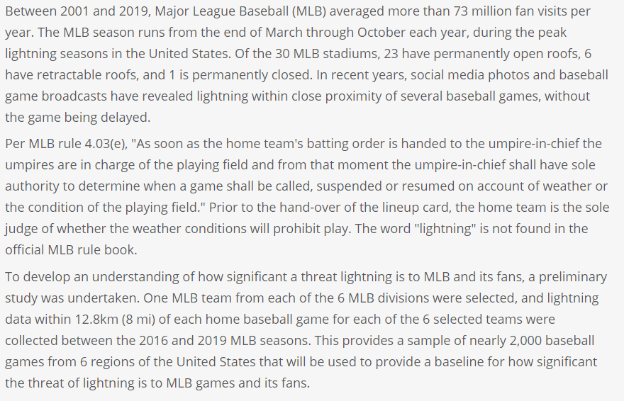 LtgSafeCouncil's tweet photo. Our member @COweatherman was planning on presenting about #lightning surrounding @MLB stadiums at #ILDC2020, but the conference was canceled due to COVID. Here is his abstract that he plans to present at a future conference. #LightningSafety #LSAW20 https://t.co/Is2k5a9qFY