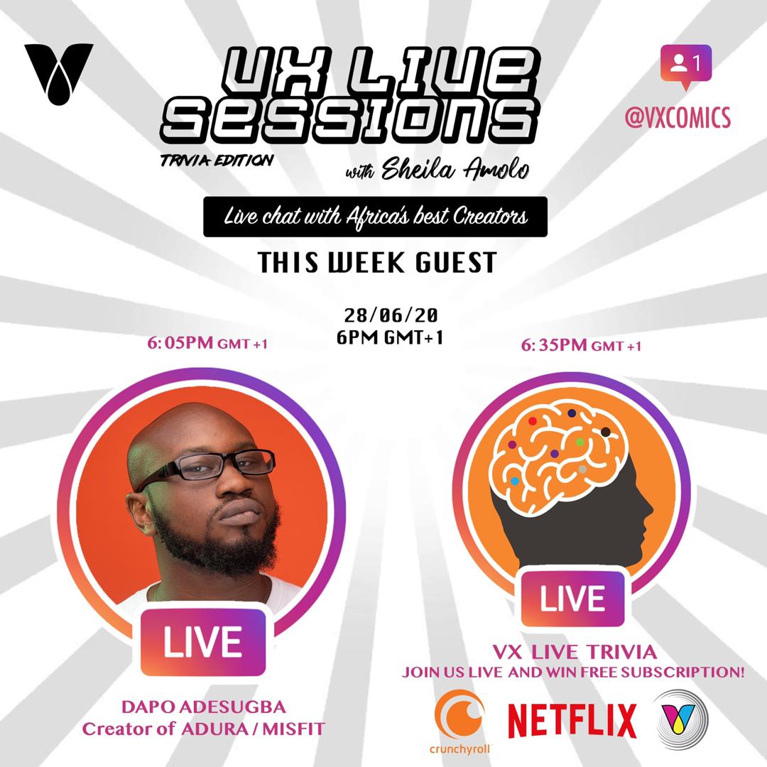 vxcomics_ea's tweet photo. This week on #VXLiveSessions we talk to Dapo Adesugba, creator of Adura and Misfit. There after, take part in the speed trivia. Answer questions about comics from Africa and the rest of the world to win one of three subscriptions. Request to participate during the interview. https://t.co/Z6eETdIR68