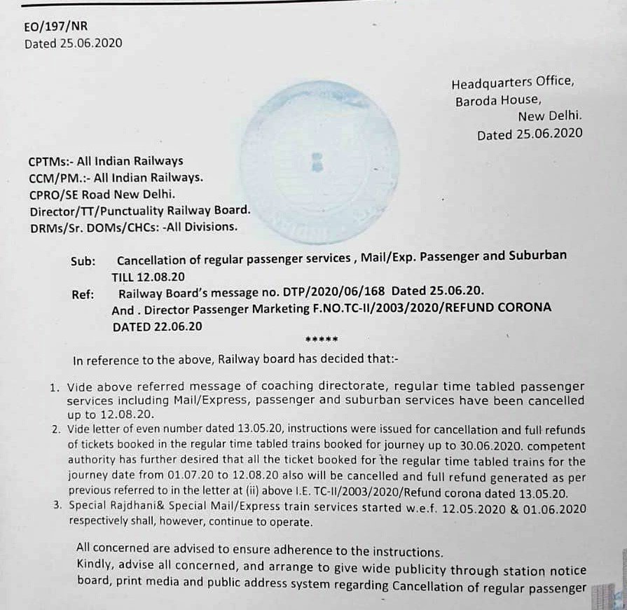 journomalladi's tweet photo. #IndianRailways cancels all trains upto August 12. Full refund will be given for all booked tickets till August 12.
This cancellation is the regular trains. The Special Express trains operating will continue to run.
#trains #SpecialExpress #SpecialTrains #shramikspecialtrains https://t.co/1cHVzTxh0f