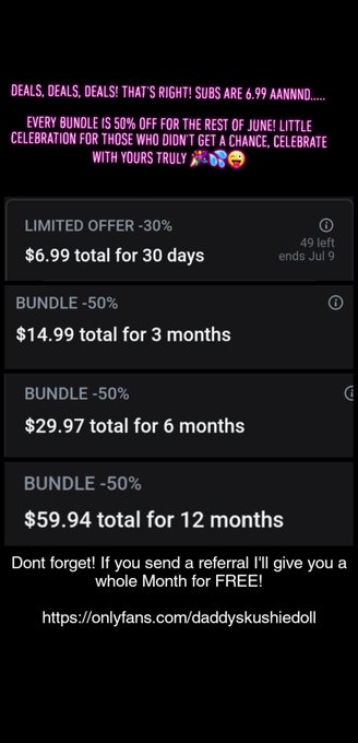 That's right! Everything is50% off on ALL BUNDLES! AND STILL ONLY 6.99 TO SUB FOR THE REST OF JUNE! Link<a href="/tag/snapchat"class="tags"><span>#snapchat</span></a><a href="/tag/promo"class="tags"><span>#promo</span></a><a href="/tag/sub"class="tags"><span>#sub</span></a><a href="/tag/of"class="tags"><span>#of</span></a><a href="/tag/subscribe"class="tags"><span>#subscribe</span></a><a href="/tag/newvideo"class="tags"><span>#newvideo</span></a>