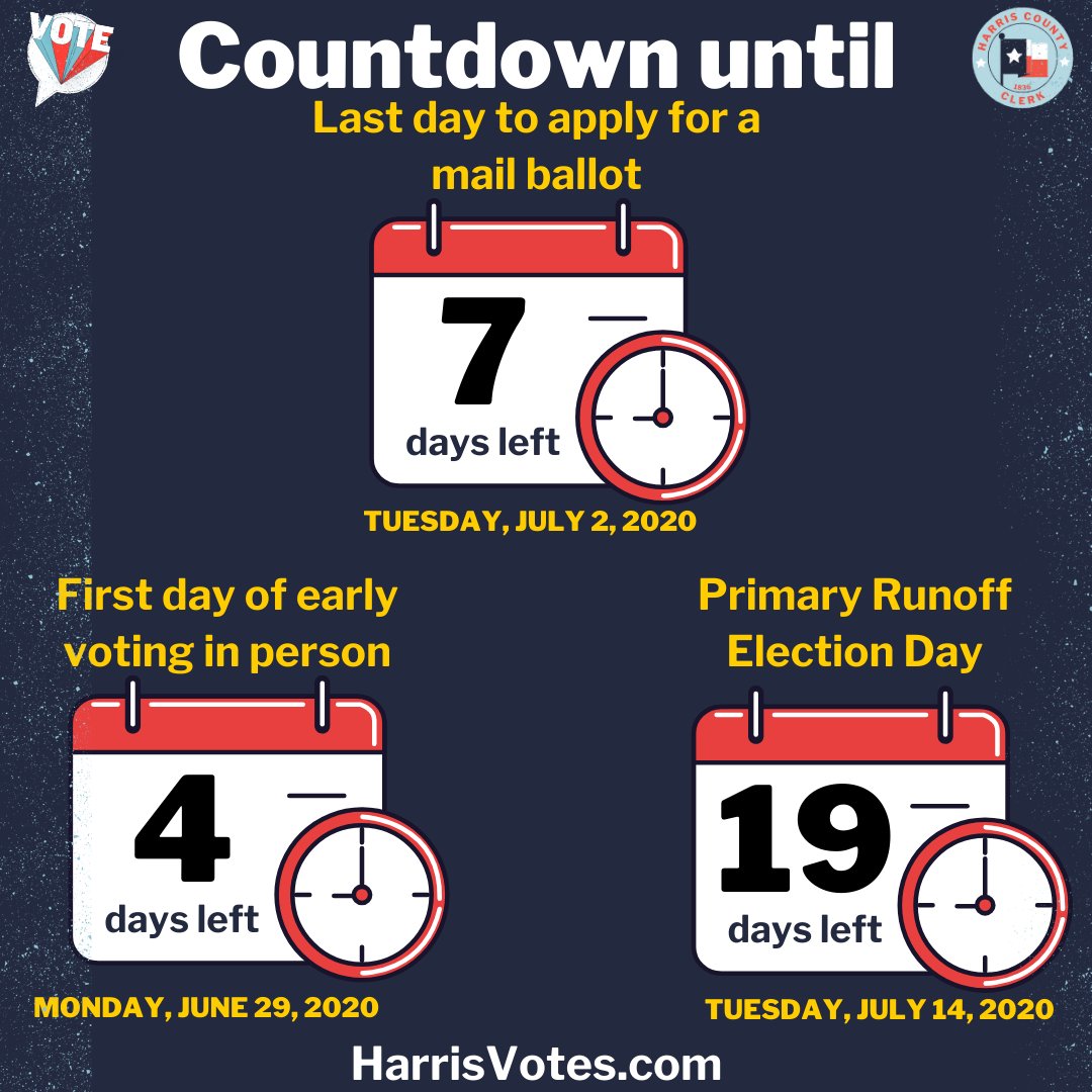 HarrisVotes's tweet photo. 4 π
days until you can head to the polls for #EarlyVoting π³οΈ for the July 2020 #PrimaryRunOffs! #KnowYourDates and get ready to #GetHeard π£ππΌ!
6/29 -First day of in-person Early Voting
7/2 -Last day to apply for a mail ballot
7/14 -Primary Runoff #Election Day
#HarrisVotes https://t.co/Nsgzo3RwzK