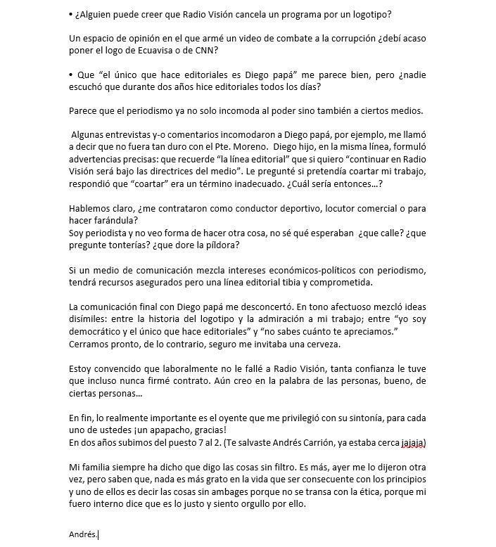 andreselopeze's tweet photo. Ayer me comunicaron que el programa Andrés “el mono” López no va más. 
Que porque el video del alcalde Yunda tenía el logotipo de Radio Visión, que porque Diego Oquendo Silva es el único que hace editoriales.
Argumentos de poca monta, tengo otra lectura:👇🏻 https://t.co/cp9ua0BIC4