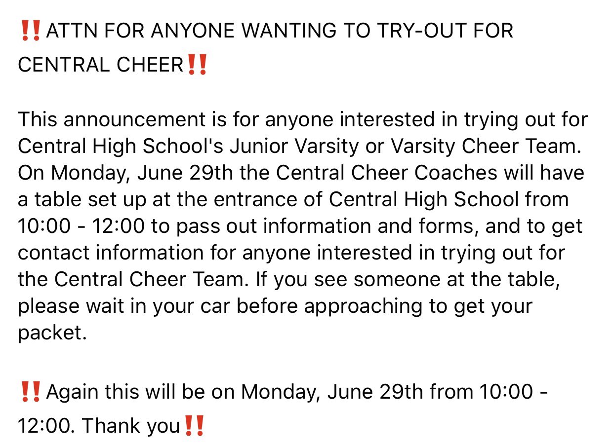 Central High School Cheer on Twitter "‼️ATTN ANYONE WANTING TO TRYOUT