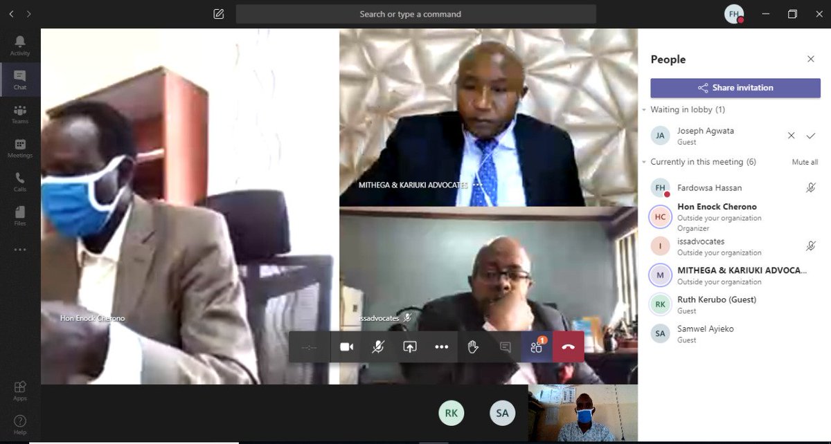 Kenyajudiciary's tweet photo. Garissa ELC Judge Enock Cherono presides over matters through the video conferencing platform. Participating is Counsel Ruth Kerubo from the Office of the AG and Lawyers Issa Mansor and Samuel Ayeiko. Court officers involved are Fardowsa Abdi, Court Assistant &amp; Darro Ahmed, ICTO. https://t.co/0mt9jill5c
