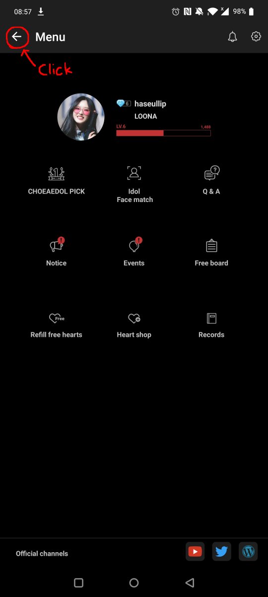 From the menu, click the arrow in the top left to take you back to the main menu. 2) To view heart usage click the heart in the top right corner, then under your heart amounts it will say "Heart Usage History", click the down arrow on the right, and screenshot! (3)