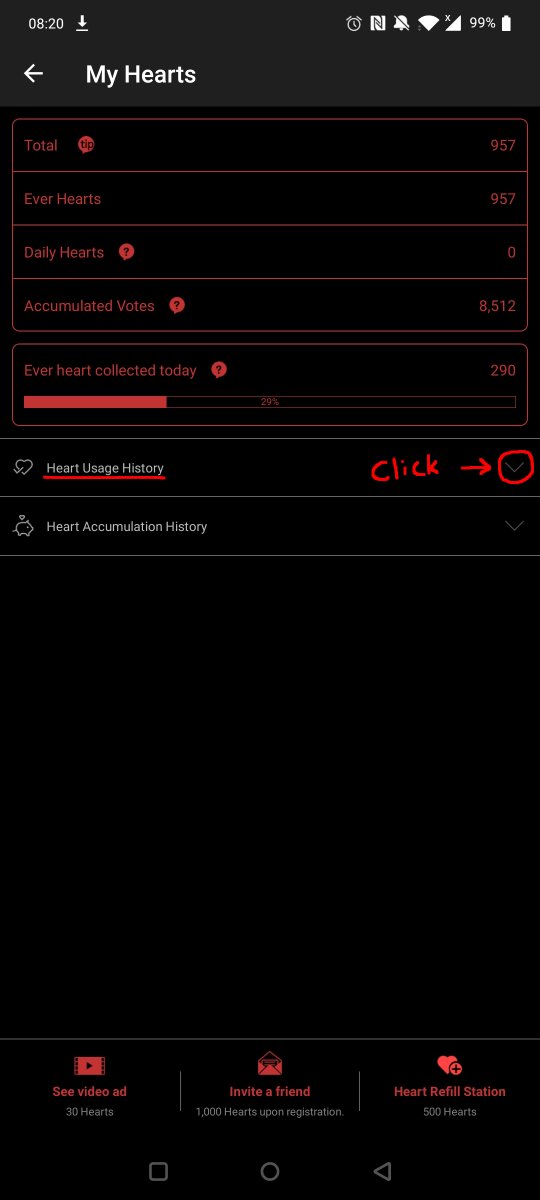 From the menu, click the arrow in the top left to take you back to the main menu. 2) To view heart usage click the heart in the top right corner, then under your heart amounts it will say "Heart Usage History", click the down arrow on the right, and screenshot! (3)