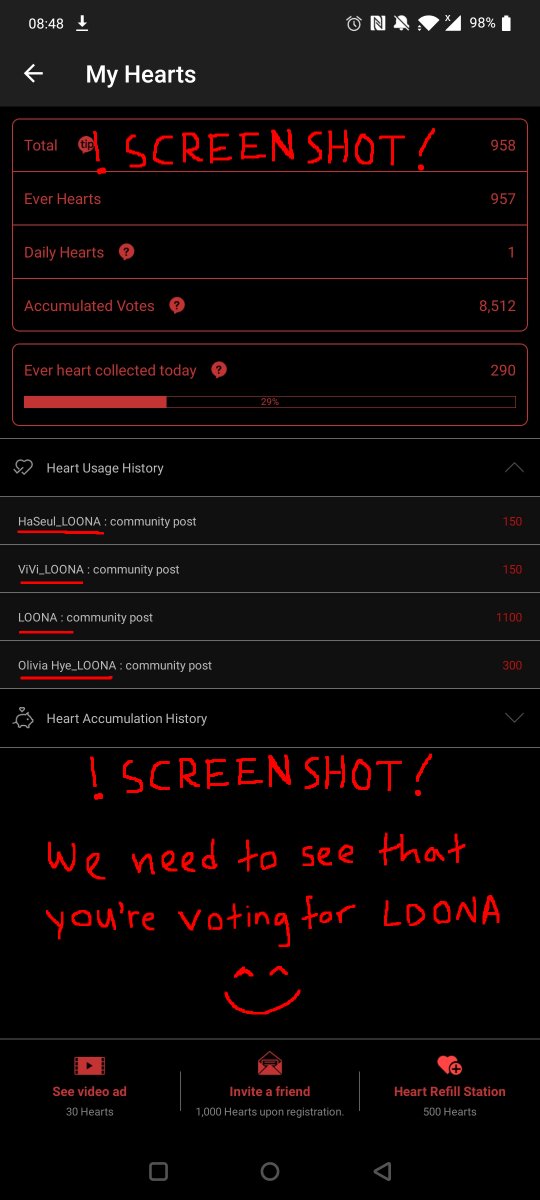 From the menu, click the arrow in the top left to take you back to the main menu. 2) To view heart usage click the heart in the top right corner, then under your heart amounts it will say "Heart Usage History", click the down arrow on the right, and screenshot! (3)