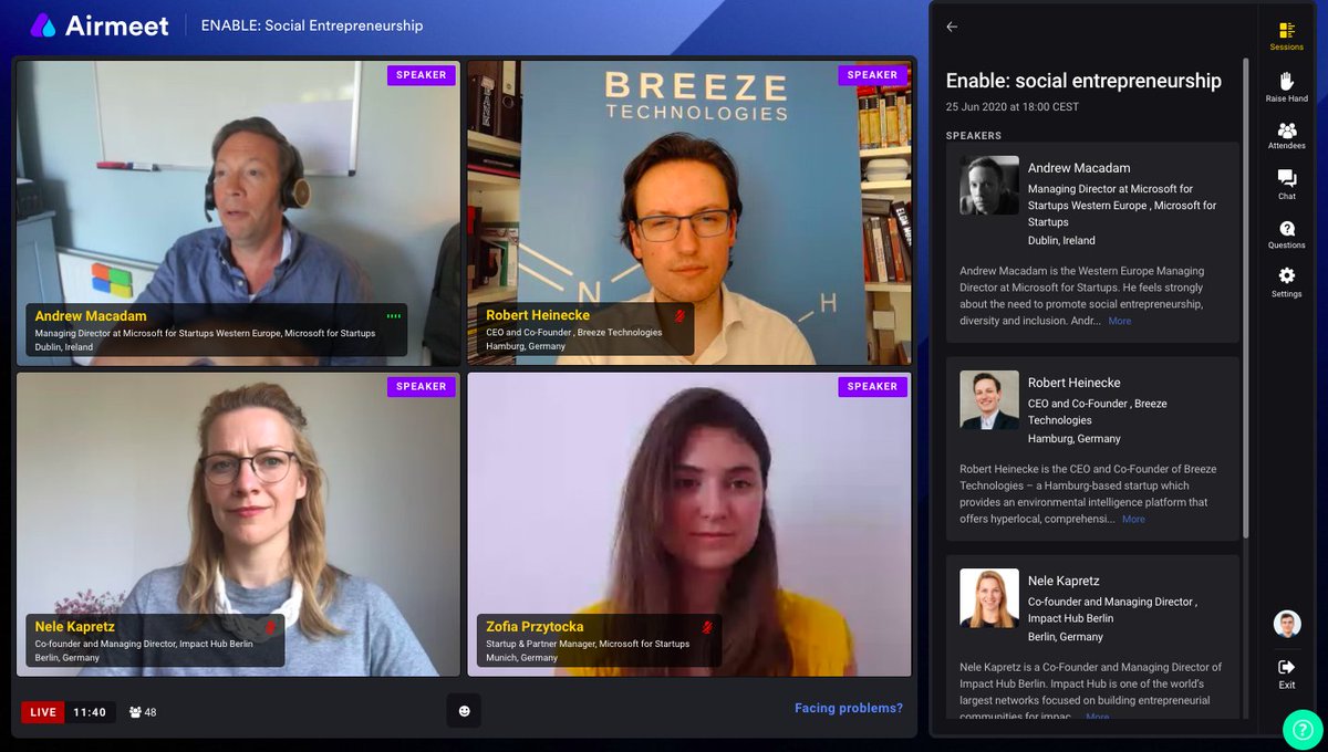 ImpactHubBLN's tweet photo. We're live now with our co-founder Nele Kapretz, @andrew73 of #MicrosoftForStartups and Robert Heinecke of Breeze Technologies! #MicrosoftEnable #NetworksForChange https://t.co/Jjhq7lXf7Z