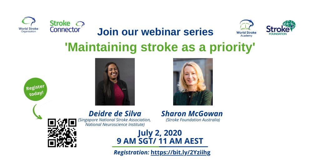 WorldStrokeOrg's tweet photo. #Joinus for part 2 of our #webinar series: 'Maintaining #stroke as a priority' next Thursday, July 2, at 9 AM πΈπ¬/ 11AM π¦πΊ time. Speakers include Assoc Prof Deidre de Silva and Sharon McGowan @strokefdn @BelsonSarah @IntJStroke @worldstrokeed #StrokeConnector #strokechatWSO https://t.co/xHCc0f6QMr
