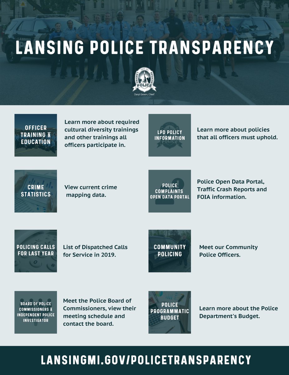 The Lansing community wants access to info regarding how the <a href="/LansingPolice/">Lansing Police</a> Department operates in a way that’s easy to find &amp; understand. The new police transparency page is a resource that houses all of this info in one place. lansingmi.gov/policetranspar…