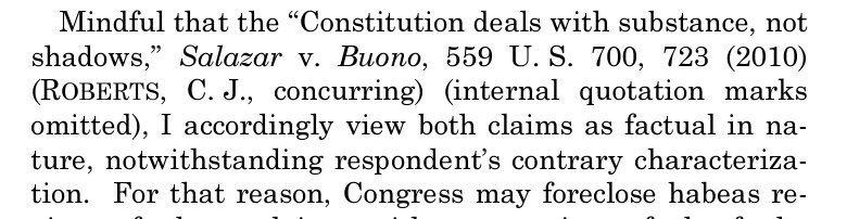 For an understanding of how habeas may not extend to a person in Thuraissigiam’s position challenging a negative credibility finding in expedited removal proceedings, see the Breyer/Ginsburg concurrence. Also note the frequent reliance on the words of Chief Justice Roberts lol.