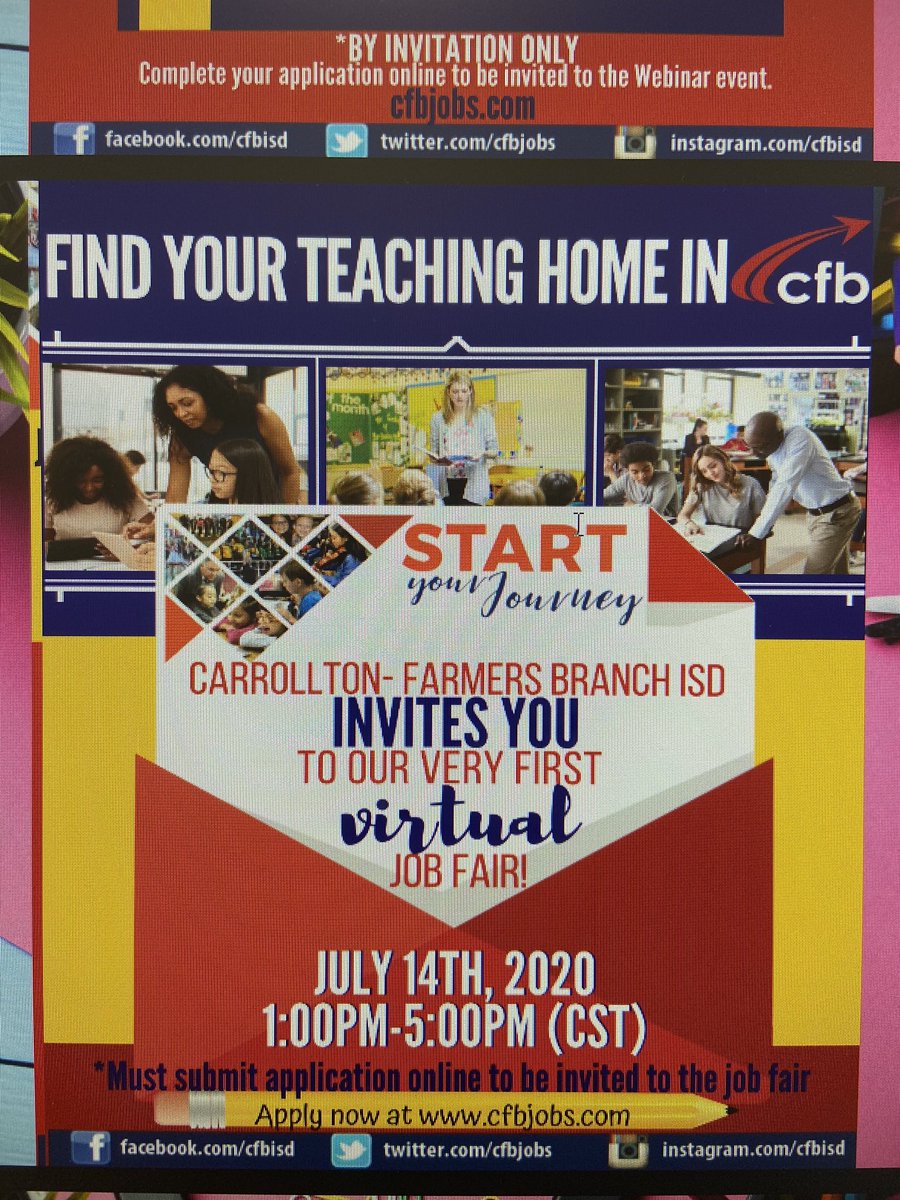CFBISD Jobs (@cfbjobs) on Twitter photo Find your teaching home in <a href="/CFBISD/">Carrollton-Farmers Branch ISD</a> Apply today. Get invited to our next Virtual Job Fair on July 14. #betheexception #HighExpectationsForAll Find your teaching home in <a href="/CFBISD/">Carrollton-Farmers Branch ISD</a> Apply today. Get invited to our next Virtual Job Fair on July 14. #betheexception #HighExpectationsForAll