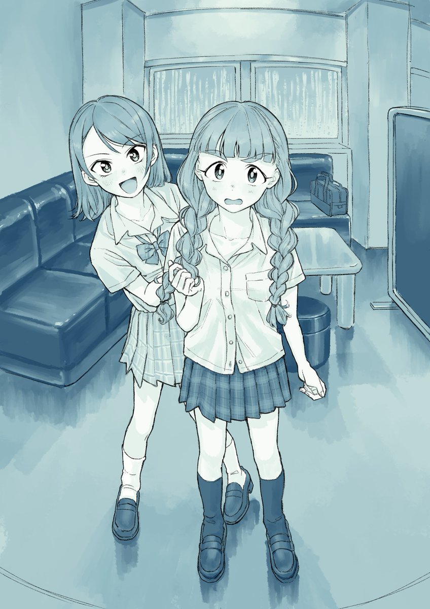 hojo karen ,kamiya nao multiple girls 2girls braid school uniform twin braids skirt monochrome  illustration images