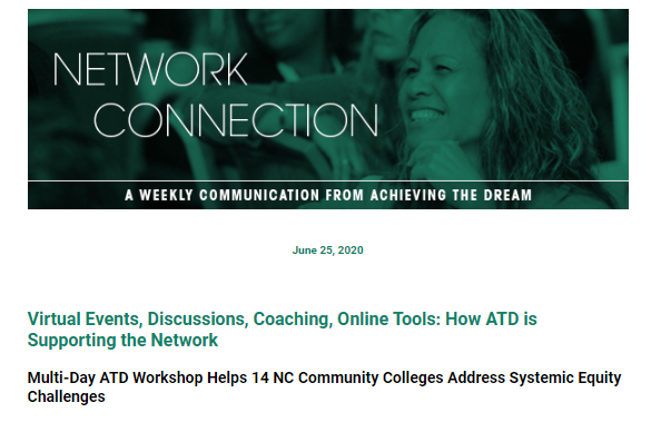 AchieveTheDream's tweet photo. This week the #ATD_Network Weekly connection highlights ATD's Virtual Workshop for NC #comm_colleges, celebrates @Ilisagvik's first bachelor's degree, and reflects the impact of COVID-19 on the future of #higher_ed. Read more here: https://t.co/AsOGCPDtK4 https://t.co/f9wtyiG4Tm