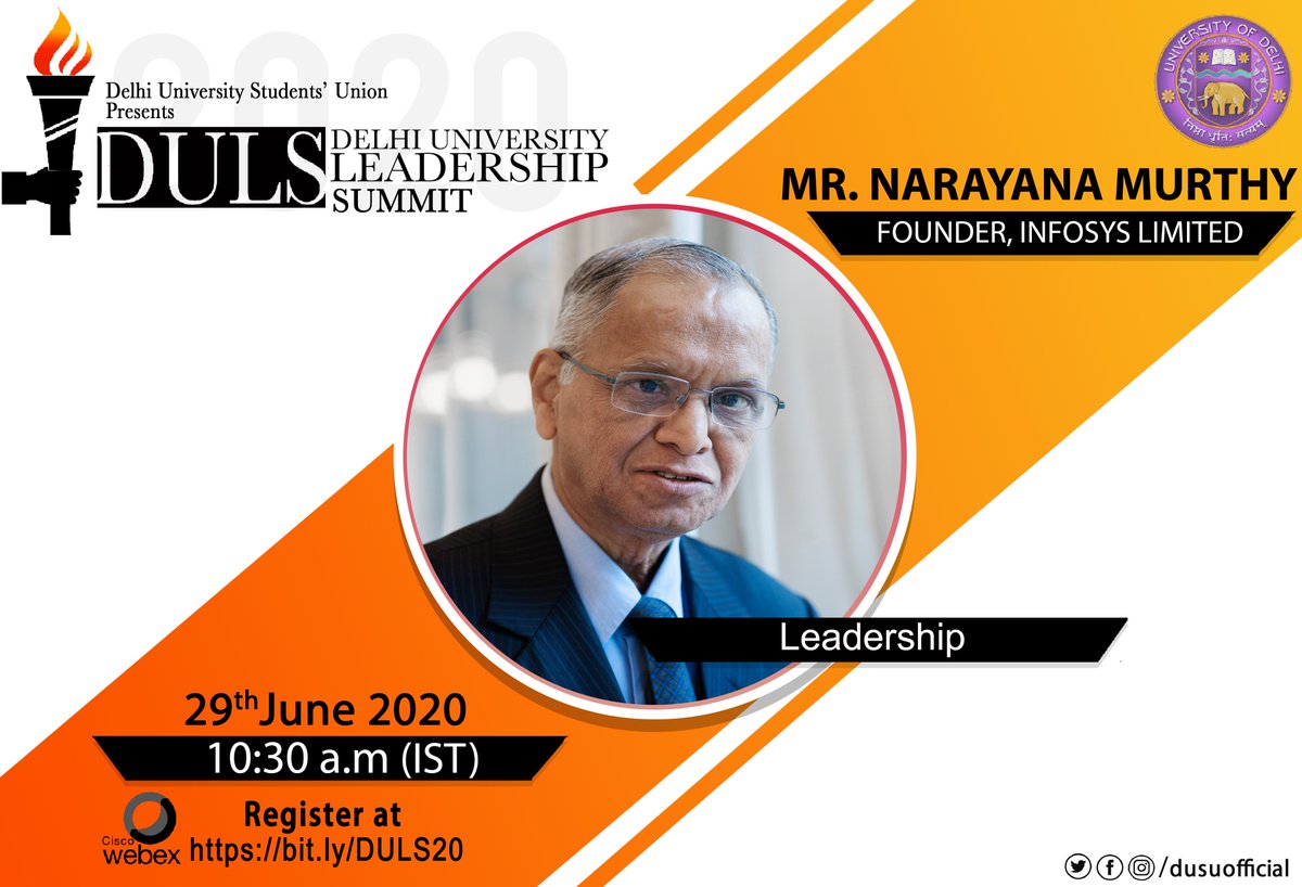 DUSUofficial's tweet photo. 𝐌𝐫. 𝐍𝐚𝐫𝐚𝐲𝐚𝐧𝐚 𝐌𝐮𝐫𝐭𝐡𝐲, the Founder of Infosys Limited, the Global Software Consulting Giant.
We are excited to announce 𝐌𝐫. 𝐍𝐚𝐫𝐚𝐲𝐚𝐧𝐚 𝐌𝐮𝐫𝐭𝐡𝐲 as our next Keynote Speaker.

Register at https://t.co/6viIIA5Xgp to hear him. 

#DULS2020 https://t.co/4JBdp5XLGk