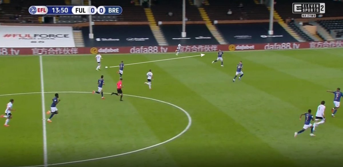 The move started with Fulham driving through Cairney into the left-hand side of the Brentford half (Brentford’s right back area). Cairney found Kebano with a pass into space: