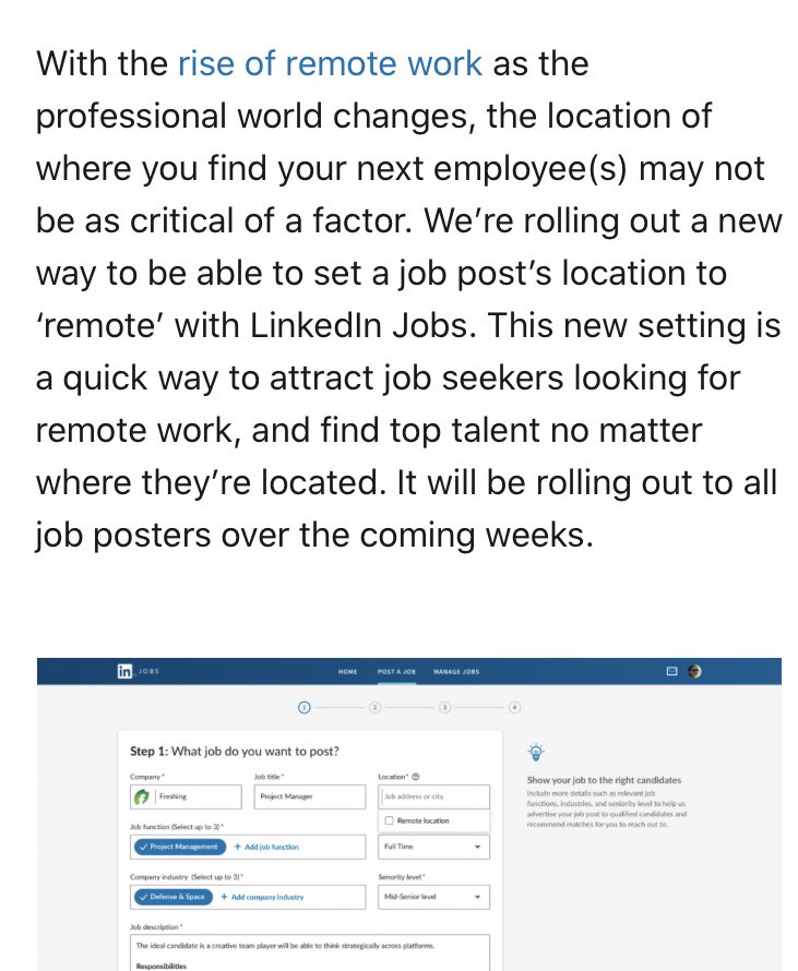 Wow! LinkedIn are adding a feature to allow you to hire remotely! 

This is a huge step and significantly helps the probelm with visibility of remote work. 

Thanks <a href="/JamesCorbett/">James Corbett</a> for posting this to the FB Group! 

linkedin.com/profinder/blog…