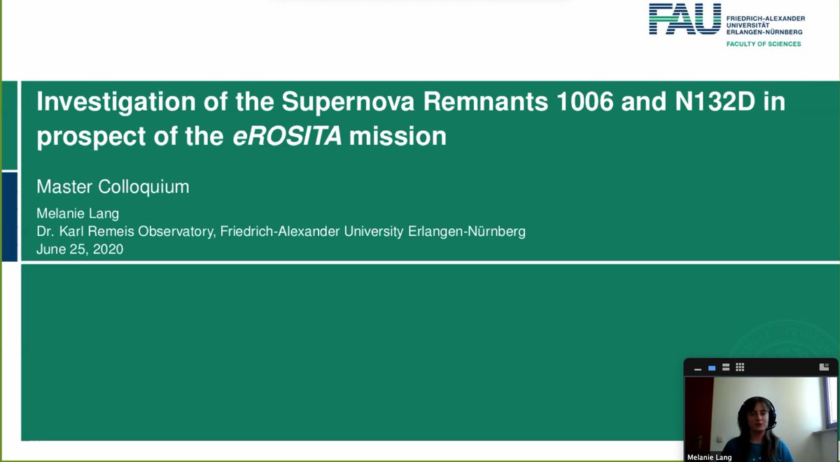 DrRemeis's tweet photo. #congratulations to Melanie Lang who defended her master’s thesis “Investigation of Supernova remnants 1006 and N132D in prospect of the eROSITA mission” today via #zoom. #theobservatory #remeisfamily #remeisproud #remeispride #remeisobservatory #fau #meineFAU #uniFAU #erosita https://t.co/PiuEAfxsn4