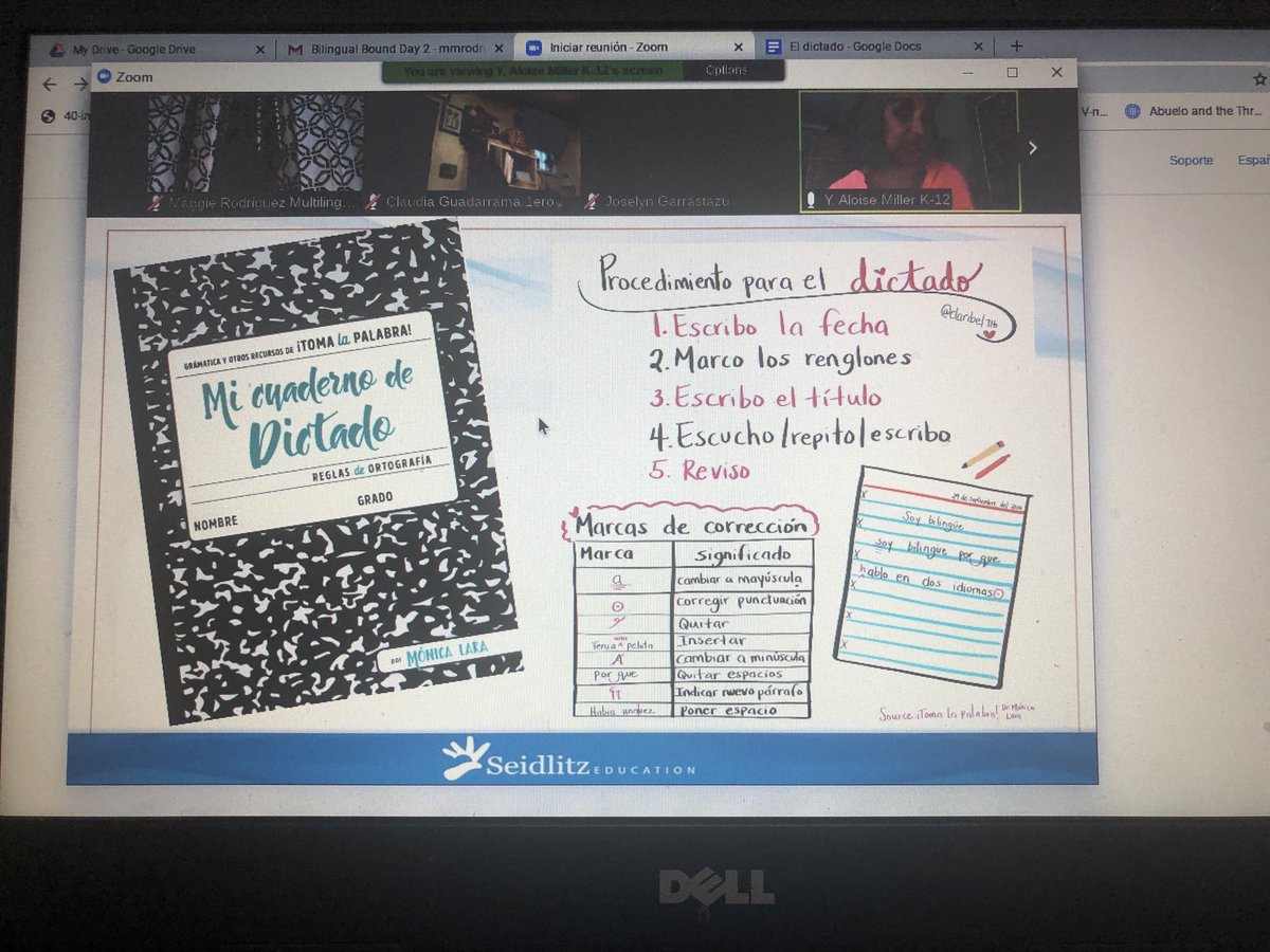 SISD teachers and I are attending a webinar by Aloise Miller.  We are  excited to start with the training resources of the book, Toma la Palabra and the student notebook, El Dictado, that will ensure the improvement and success  in Spanish and English writing.  #teamseguin