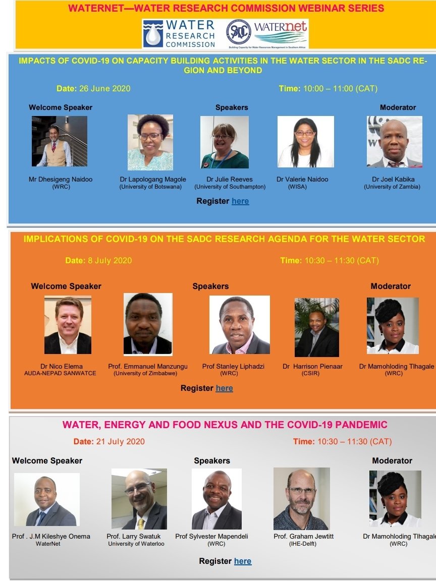 WaterNet (@sadc_waternet) on Twitter photo Please join us for a series of webinars focused on the impacts of #COVID19 in the water sector. More details are on <a href="/SADC_WaterNet/">WaterNet</a> and <a href="/WaterResearchSA/">WRC</a> websites. <a href="/jkileshye/">Jean-Marie Kileshye</a> <a href="/JulieDReeves/">Julie Reeves</a> Please join us for a series of webinars focused on the impacts of #COVID19 in the water sector. More details are on <a href="/SADC_WaterNet/">WaterNet</a> and <a href="/WaterResearchSA/">WRC</a> websites. <a href="/jkileshye/">Jean-Marie Kileshye</a> <a href="/JulieDReeves/">Julie Reeves</a>