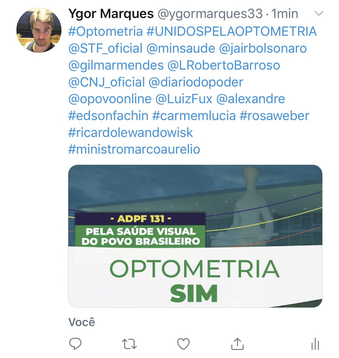 ygormarques33's tweet photo. Juntos pela OPTOMETRIA no Brasil!!! #UNIDOSPELAOPTOMETRIA @STF_oficial @MPF_PGR @LRobertoBarroso @LuizFux @alexandre @gilmarmendes #CármemLúcia #carmemlucia @CNJ_oficial @minsaude @jairbolsonaro @diariodopoder @opovoonline #optometria #OptometriaNoBrasil @ygormarques33 #rosaweber https://t.co/Dvh3Hmi38i