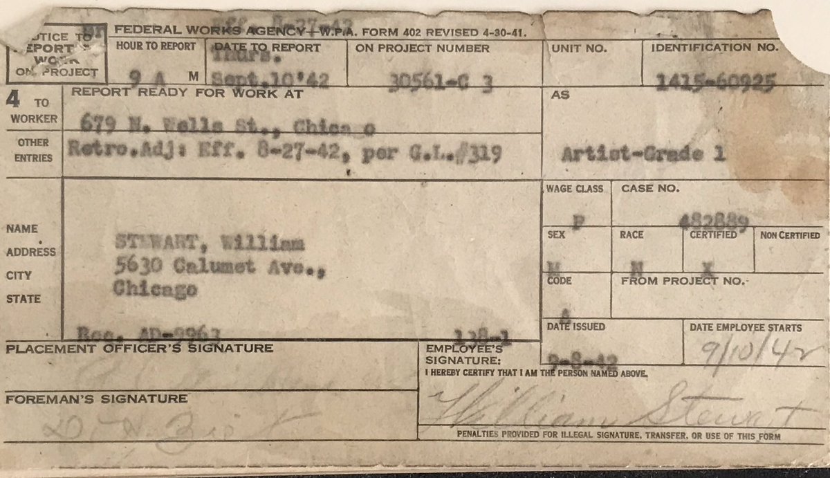 He arrived in Chicago during hard times and had a difficult time getting work. Eventually he got a job with the Federal WPA, where he met some of the city’s upcoming artists (work slip below)  #FunFact: He was once interviewed by the FBI who were looking for subversives.