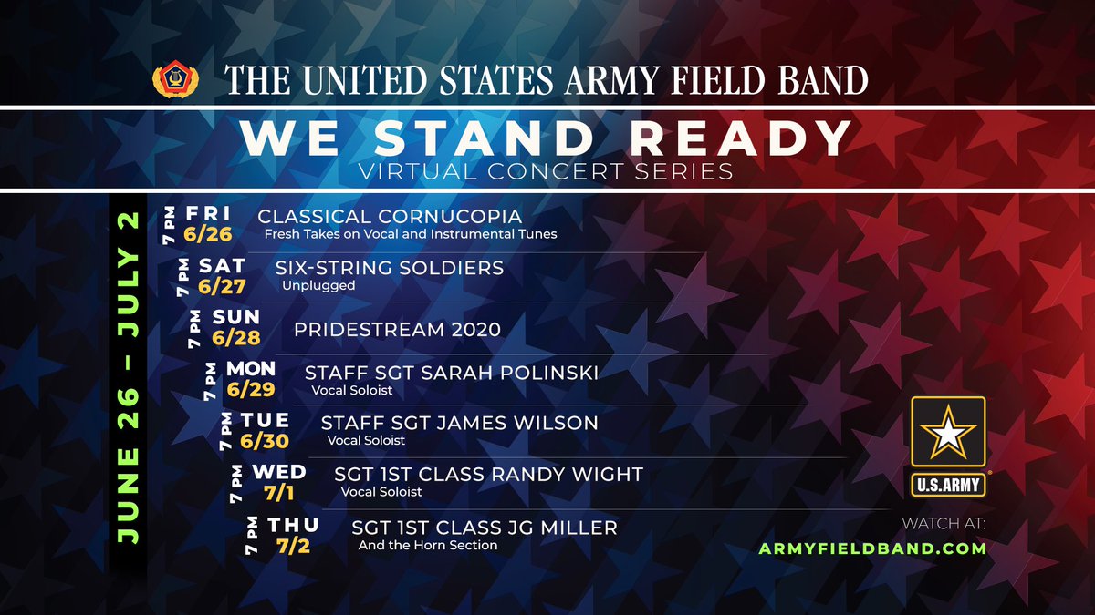 armyfieldband's tweet photo. Our virtual concert series continues! Check out next week’s episodes of “We Stand Ready” and Soldier Sessions! #songsofcomfort #dontstopthemusic #alonetogether #usarmybands https://t.co/bkZwIGn21Y